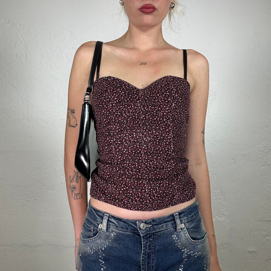 Vintage 2000's Summer Dark Corset style Top with Tiny Floral Print Pattern (S)
