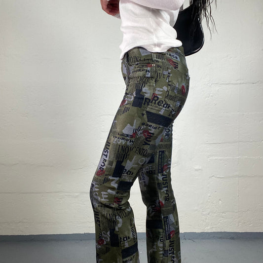 Vintage 2000's Downtown Girl Khaki Green Newspaper Style Print Middle Waist Bootcut Pants (S)