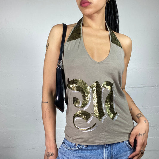 Vintage 2000's Morgan Clubwear Grey Neckholder Top with Bronze Sequin Embroidery (M)