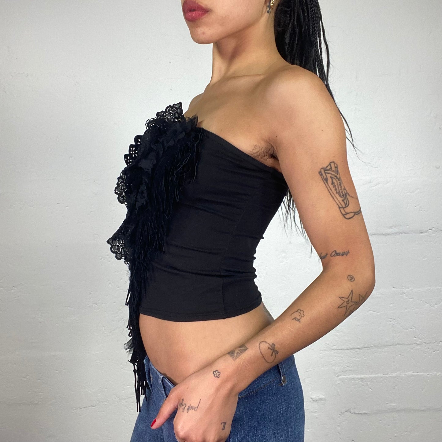 Vintage 2000's Morgan Clubwear Black Tube Top with Ruffled Mesh and Lace Handing Embroidery ang Fringe Detail (S)