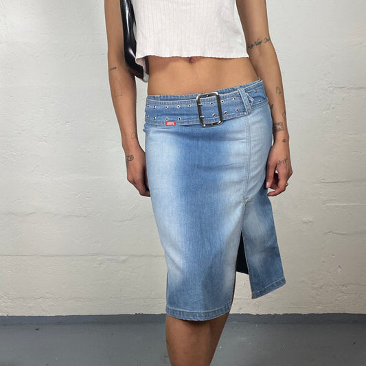 Vintage 2000’s Miss Sixty Downtown Girl Knee Length Slim Fit Light Denim Wash Outs Belted Skirt (M)
