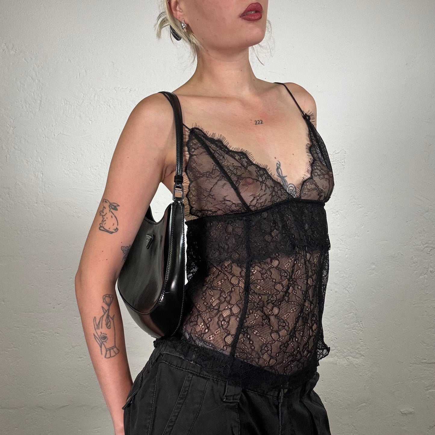 Vintage 2000's Night Out Black Lingerie Style Lace Shiny Top (S)