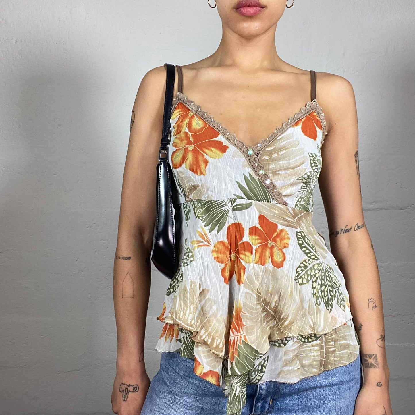 Vintage 2000's Gossip Girl Summer Beige Flowy Cami Top with Orange Floral Print and Sequins Details (S)