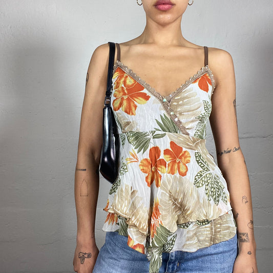 Vintage 2000's Gossip Girl Summer Beige Flowy Cami Top with Orange Floral Print and Sequins Details (S)