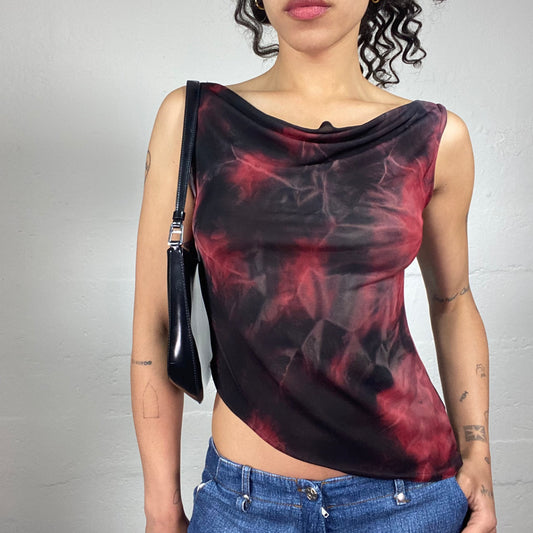 Vintage 2000's Grunge Vamp Girl Asymmetric Draped Black and red Tie Dye Top (L)
