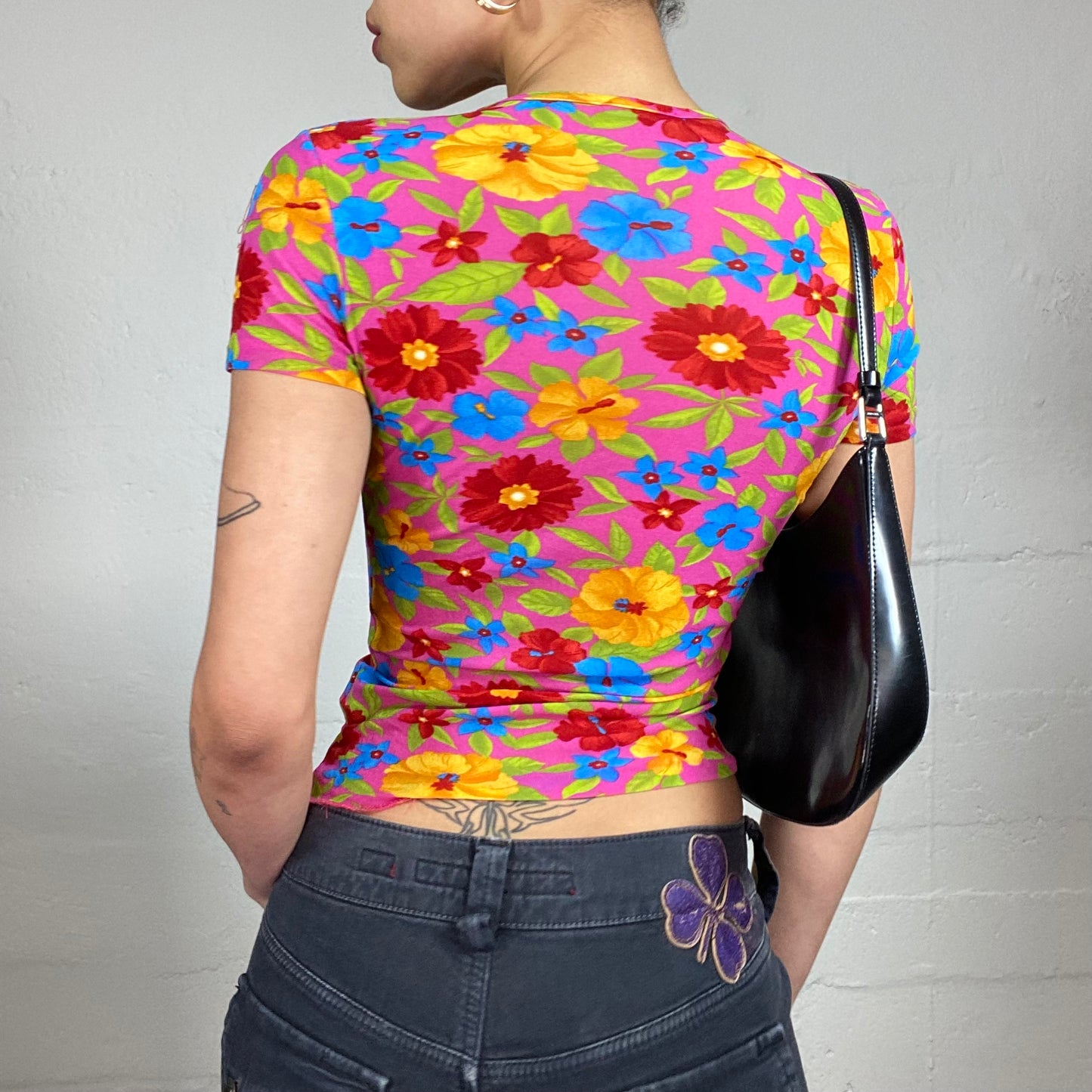 Vintage 2000's Fun Summer Multicoloured Flowers Printed Baby Tee (S)