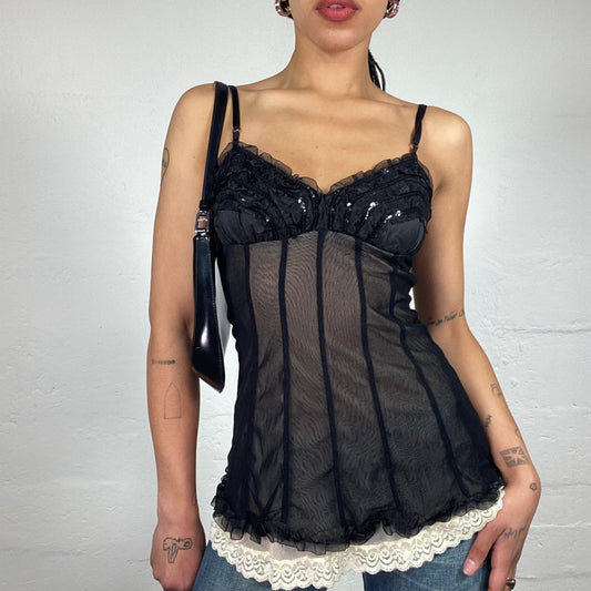Vintage 2000's Romantic Glam Black Lingerie Style Striped Cami Top With Sequin Decorated Bra and White Lace Detail (M)