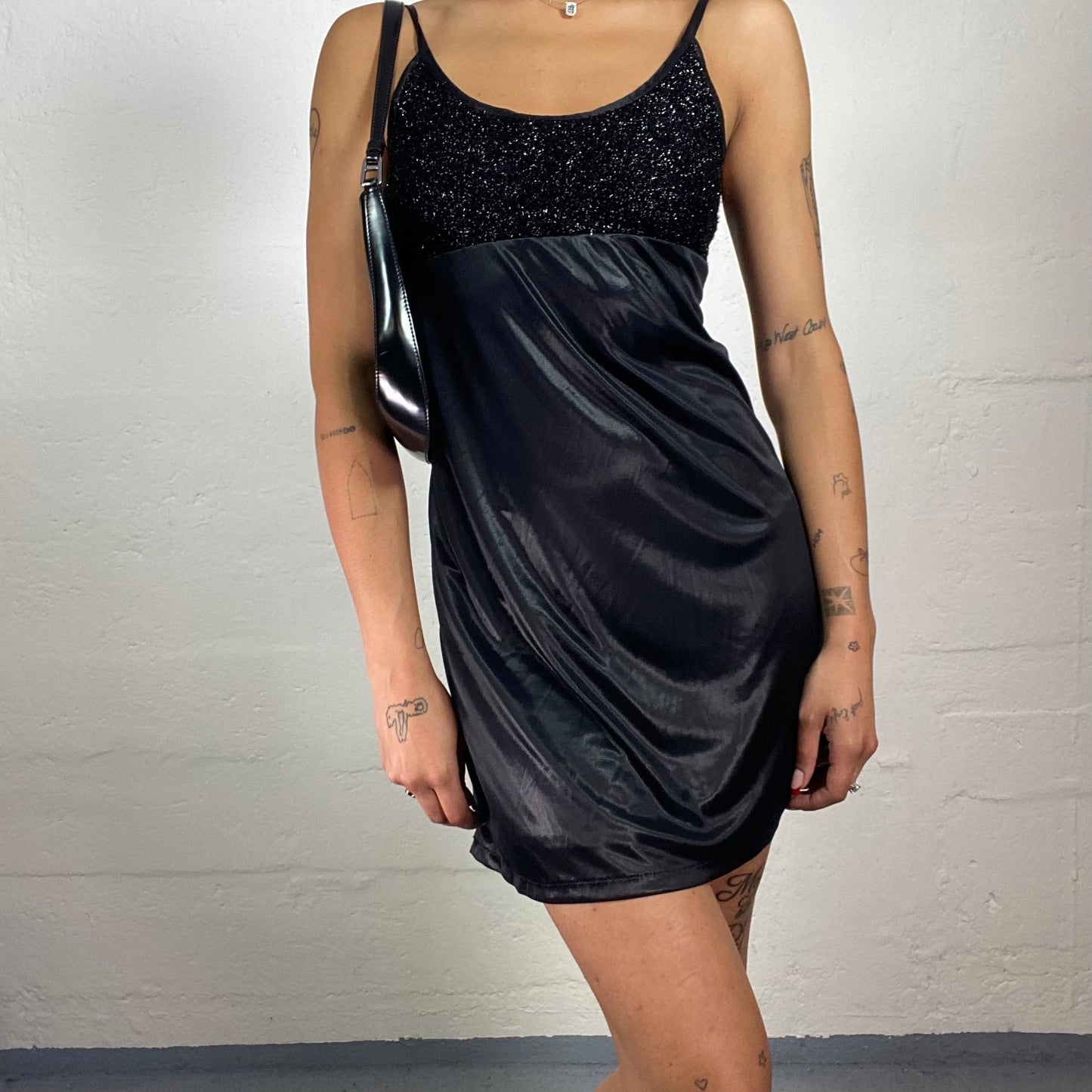 Vintage 2000's Glamorous Black Sheer Satin Mini Cami Dress with Glitter Bra (S)