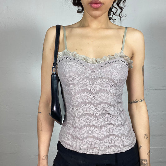 Vintage 2000's Morgan Coquette Beige Lace Printed Cami Corset with Ruffled Lace Trim (S)