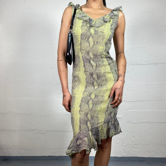 Vintage 2000's Summer Lime Green and Grey Snake Skin Asymmetric Trim Ruffled Chiffon Dress (S)