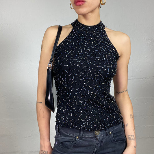 Vintage 2000's Chic Clubwear Black Neckholder Tank Top with Sequins Decorations (S)