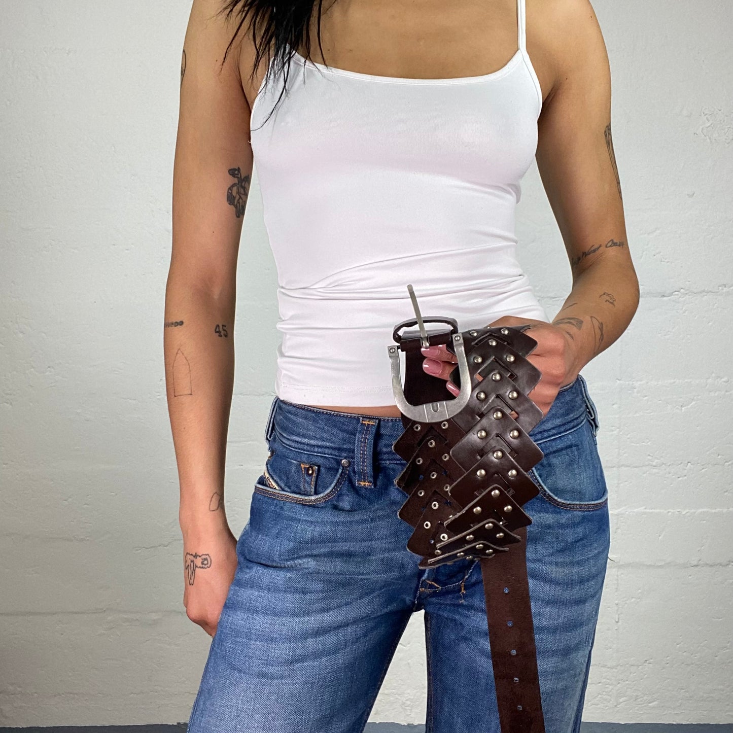 Vintage 2000's Boho Girl Brown Leather Patchwork Belt with Metal Pieces Details