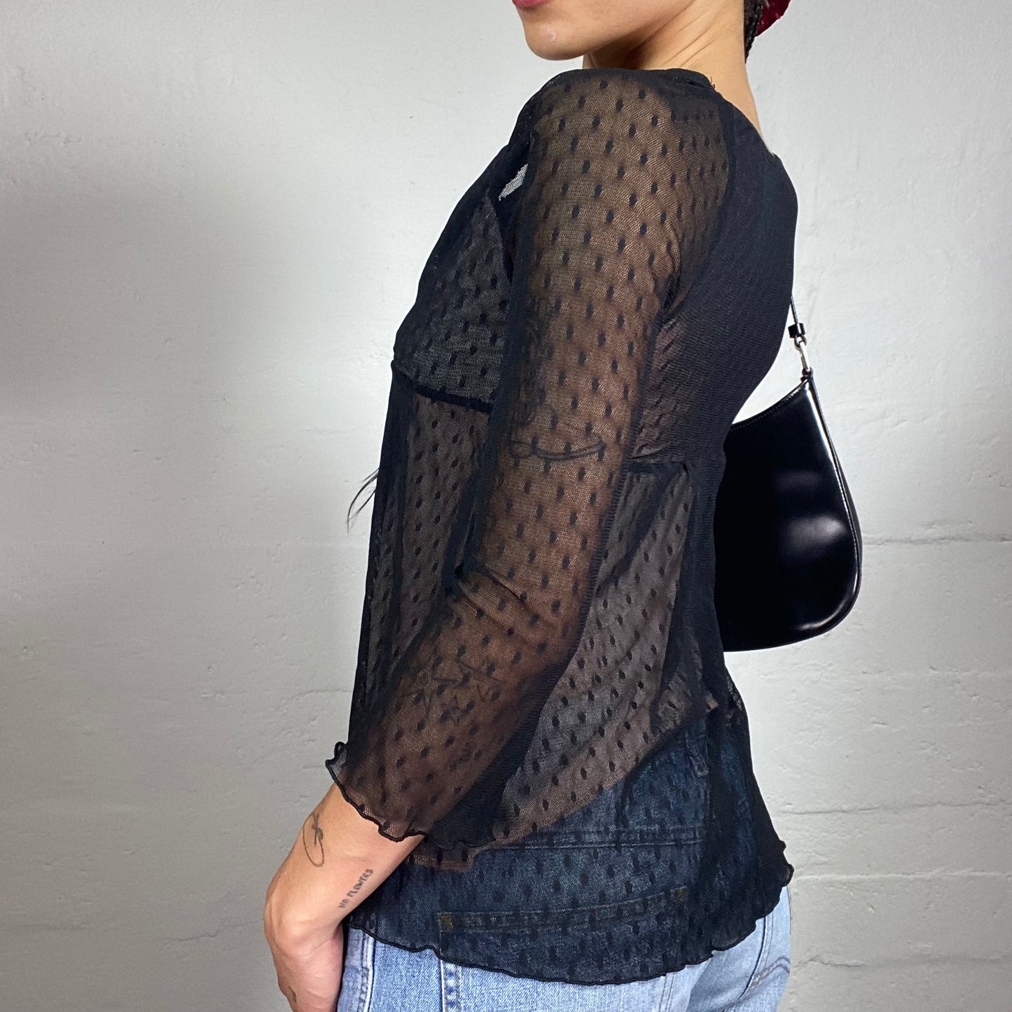 Vintage 2000's Romantic Black Dot Pattern Lace 3/4 Sleeve Top (S)
