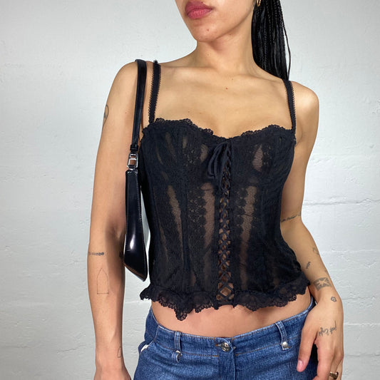 Vintage 2000's Goth Girl Black Lace Material Laced Up Corset Top (S)