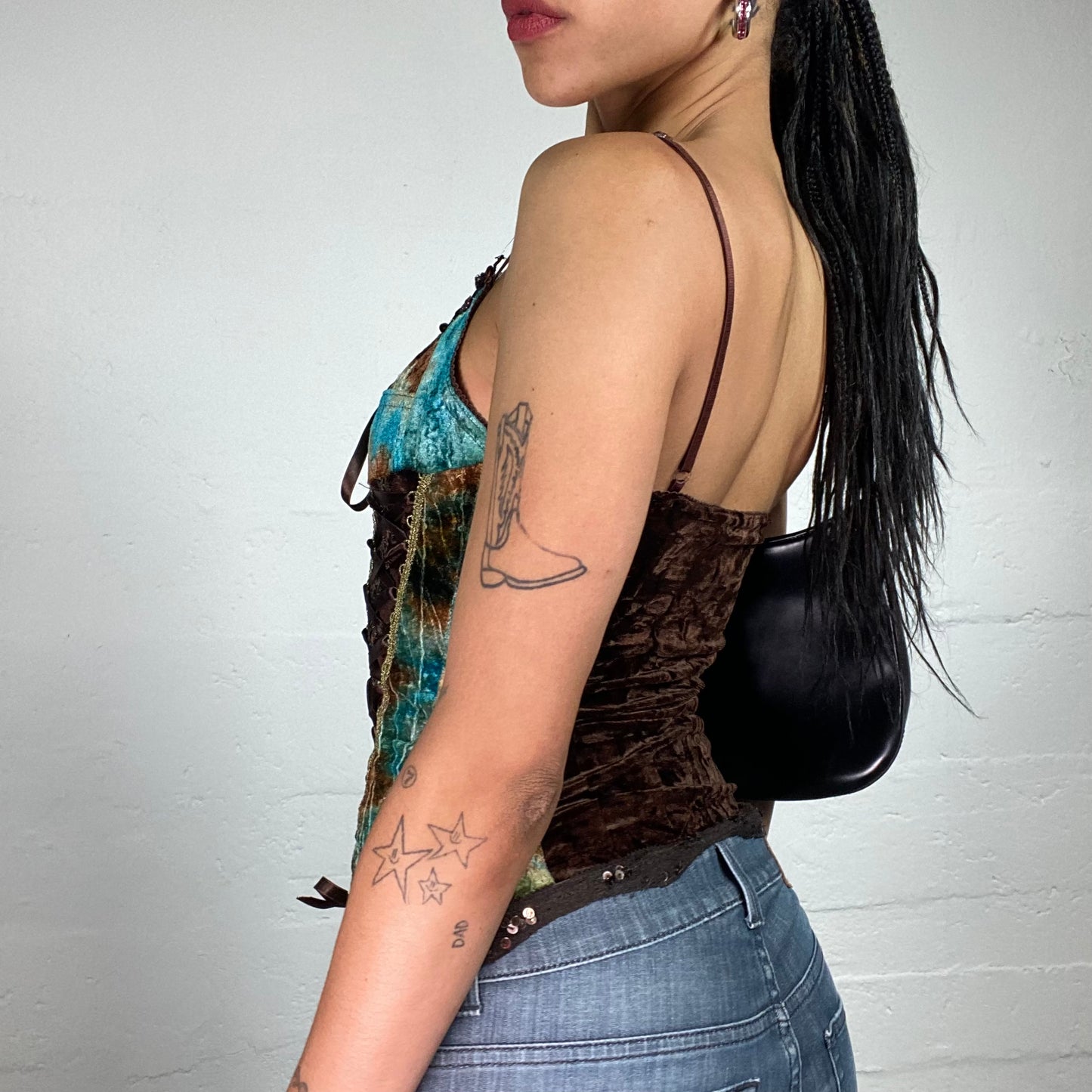 Vintage 2000's Baroque Brown Toned Velour Corset Style Silky Lace Up Top with Blue and Green Accents (S)