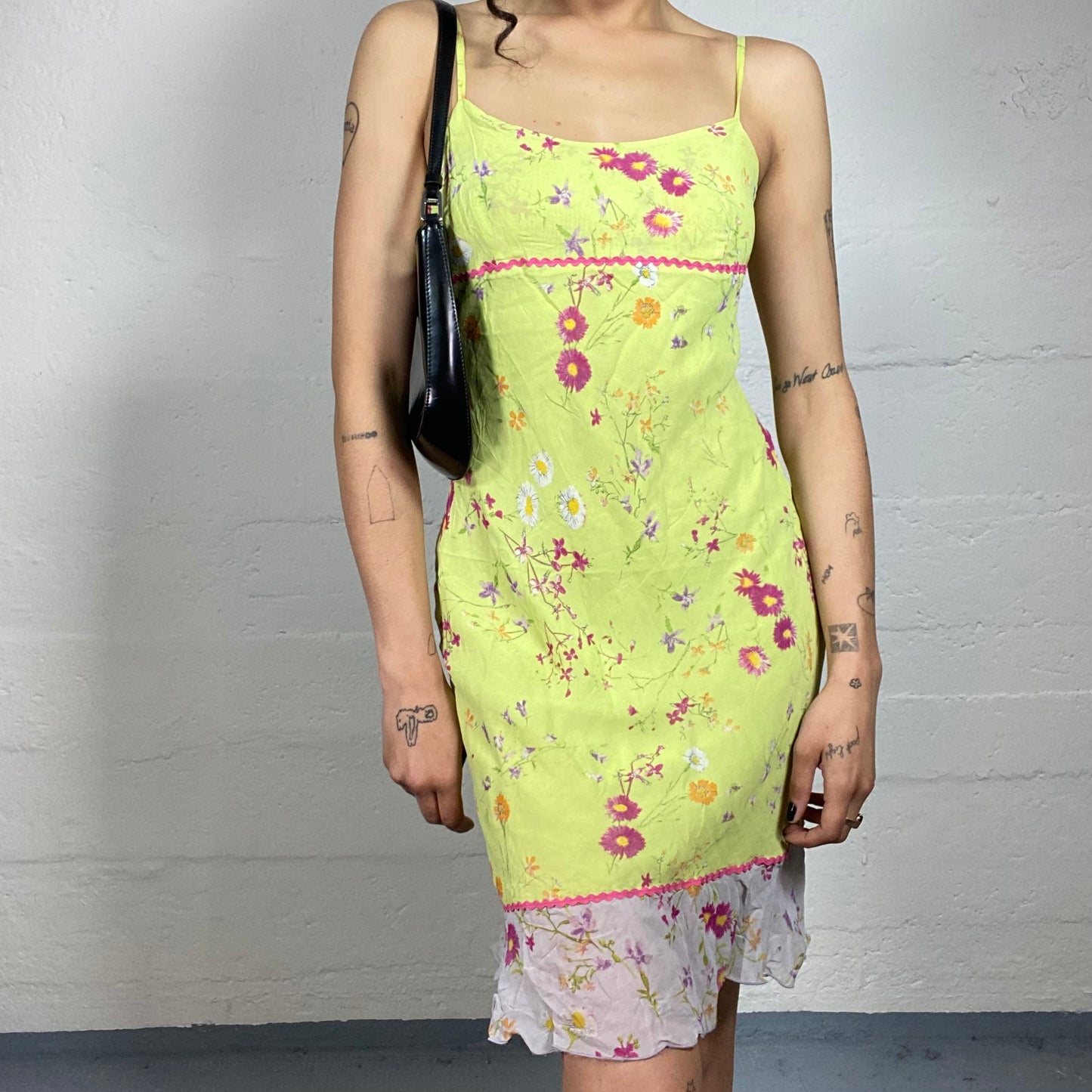 Vintage 2000's Summer Light Lime Green Cami Dress with Floral Print (S)