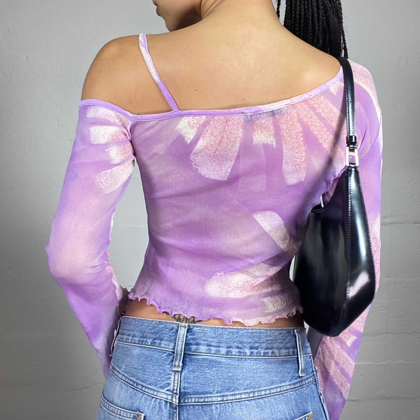 Vintage 2000's Romantic Purple Mesh See Through Flare Sleeves One Shoulder White Faded Print Top (S)