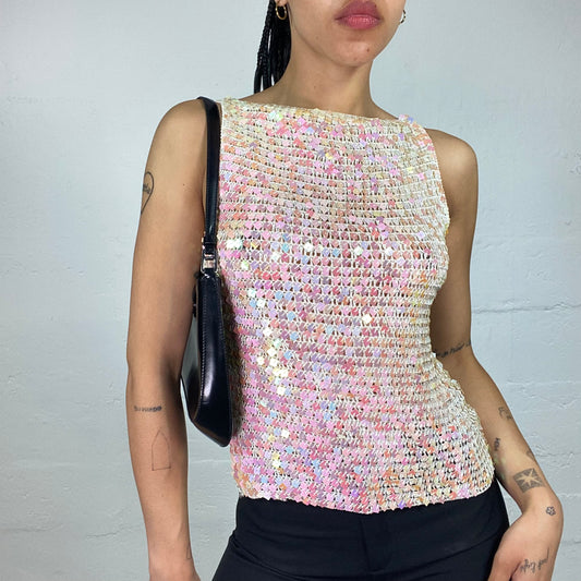 Vintage 2000's Mermaid Style Net Knit White Tank Top with Pink Toned Sequins (M)