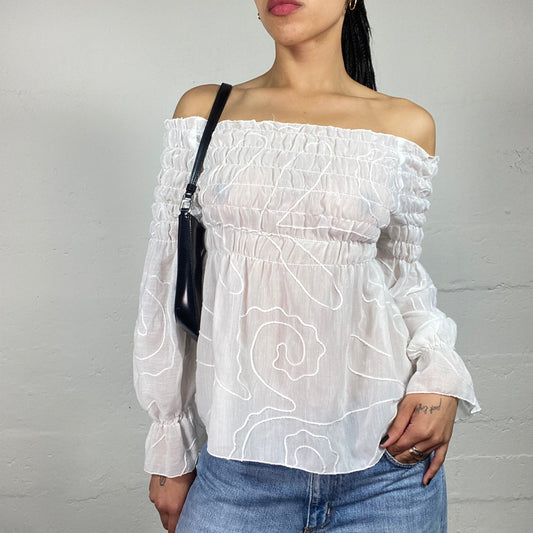 Vintage 2000's Romantic White Chiffon Ruffled Longsleeve Off Shoulder Blouse (S)