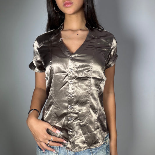 Vintage 90’s Sleaze Silver Satin Short Sleeve Top (M)