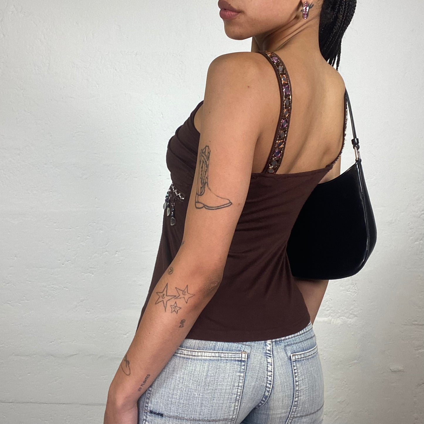 Vintage 2000’s Cowgirl Clubwear Brown Asymmetric Trim Top with Silver Decorations (S)
