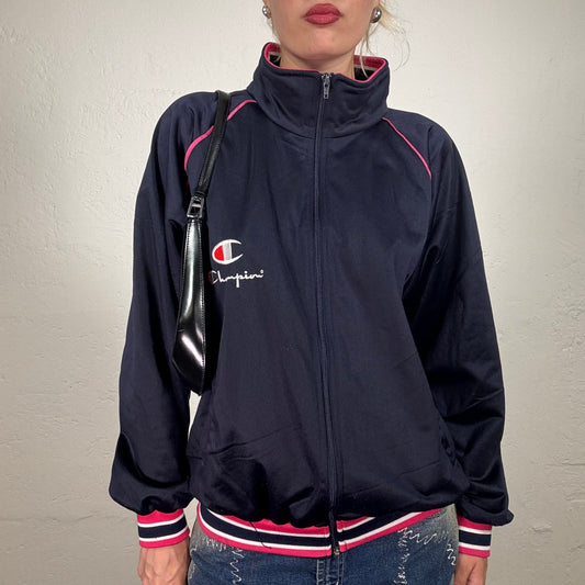 Vintage 2000's Archive Champion Navy Blue Turtleneck Zip Up Pullover with Red Stripes (S/M)