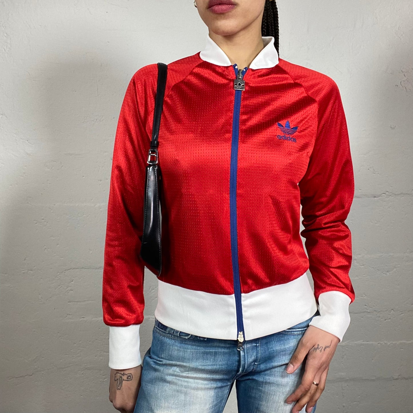 Vintage 2000’s Archive Adidas Sheer Red and Blue Two-Sided Zip Up with White Details and Blue Zipper and Logo (S)
