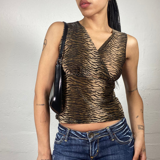 Vintage 2000's Glamorous Brown Toned Animal Print Sheer Shiny Wrapped Bra Top (L)