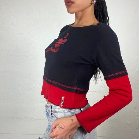 Vintage 2000’s Sporty Red and Navy Blue Longsleeve Top with I Heart Marseille Typography Print (S)