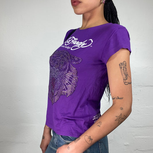 Vintage 2000's Archive Ed Hardy Purple Baby Tee with Tiger Rhinestone Embroidery (XL)