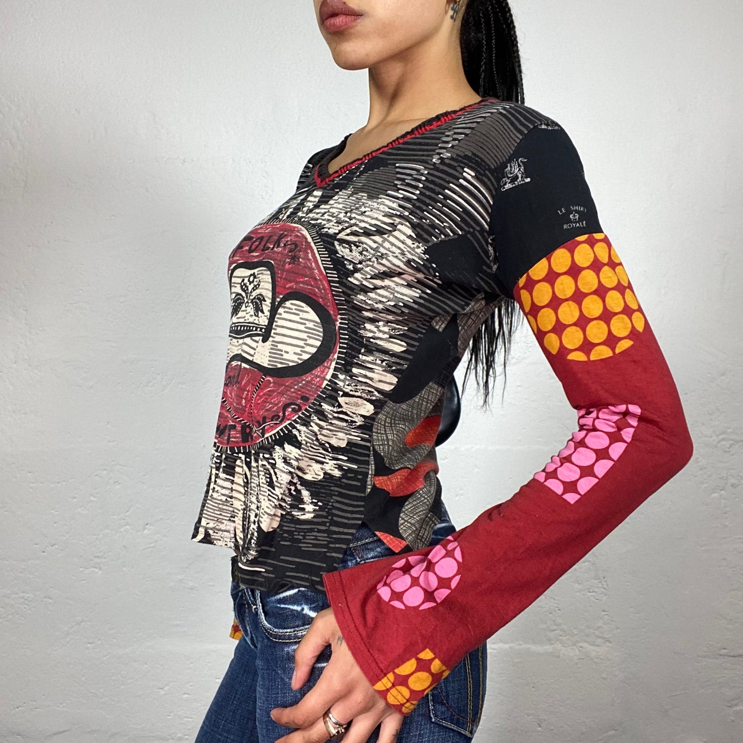 Vintage 2000's Grungy Multicoloured Black and Grey Printed Longsleeve Top (M/L)