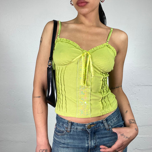 Vintage 2000's Romantic Summer Lime Green Cami Top with Sequin Embroidery and Ruffled Trim (S)