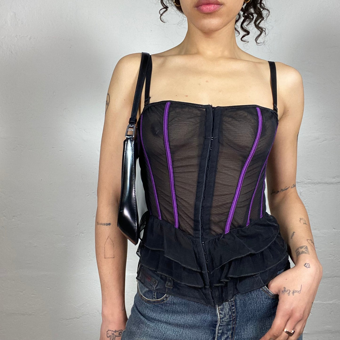Vintage 2000's Goth Black Mesh Ruffled Bottom Corset with Purple Stripes (S)