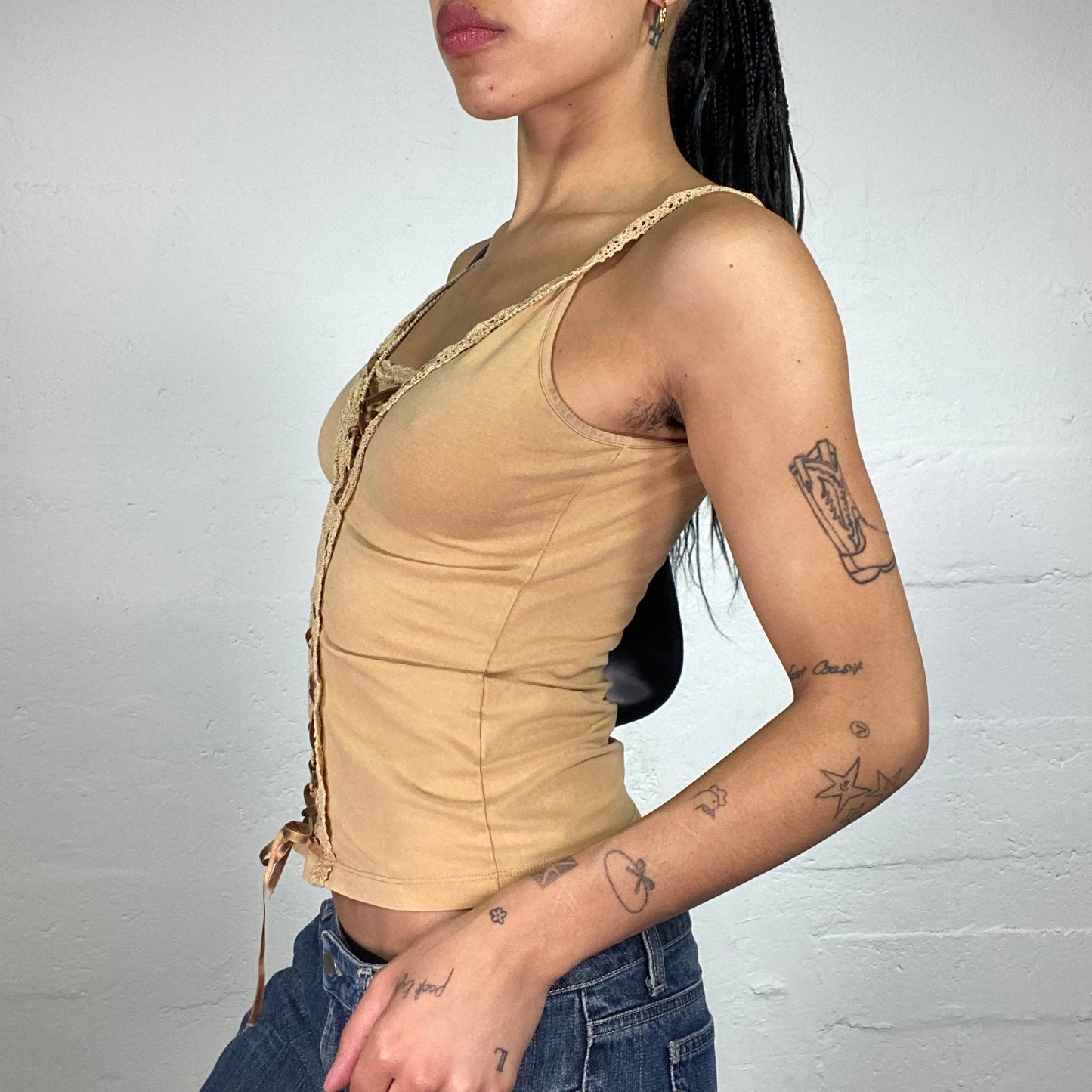 Vintage 2000's Downtown Girl Sand Colour Laced Up Cami Top with Lace Decoration (L)