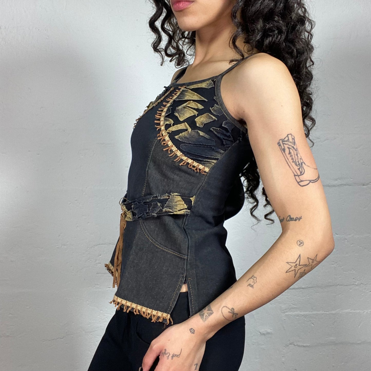 Vintage 2000's Boho Dark Denim Belted Cami Top with Orange and Yellow Embroidery Accents (XS)