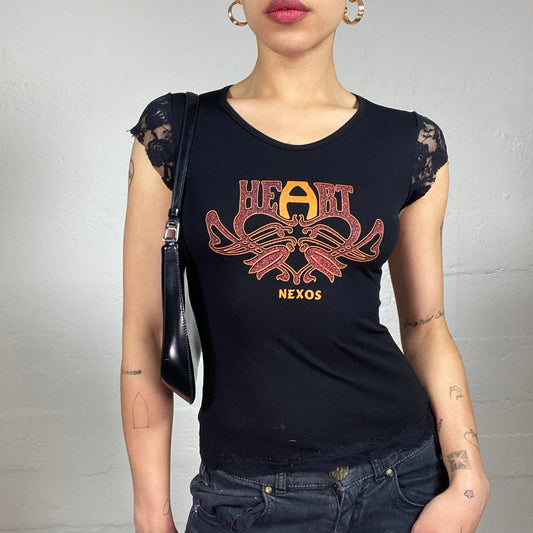 Vintage 2000's Grungy Black Printed Tee with Lace Micro Sleeves (S)