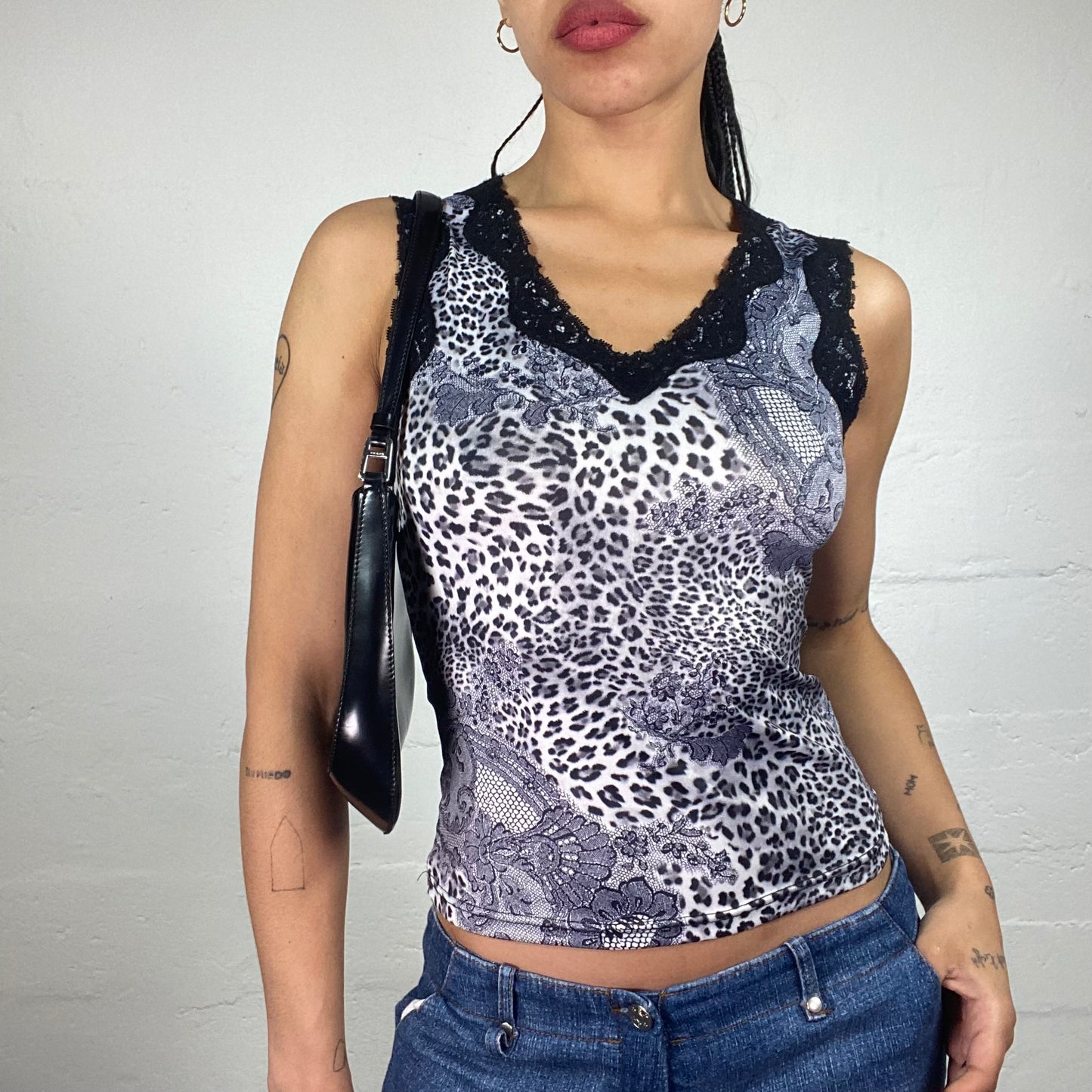 Vintage 2000's Cheetah Girl Blue Animal Print Tank Top with Black Lace Trim (S)