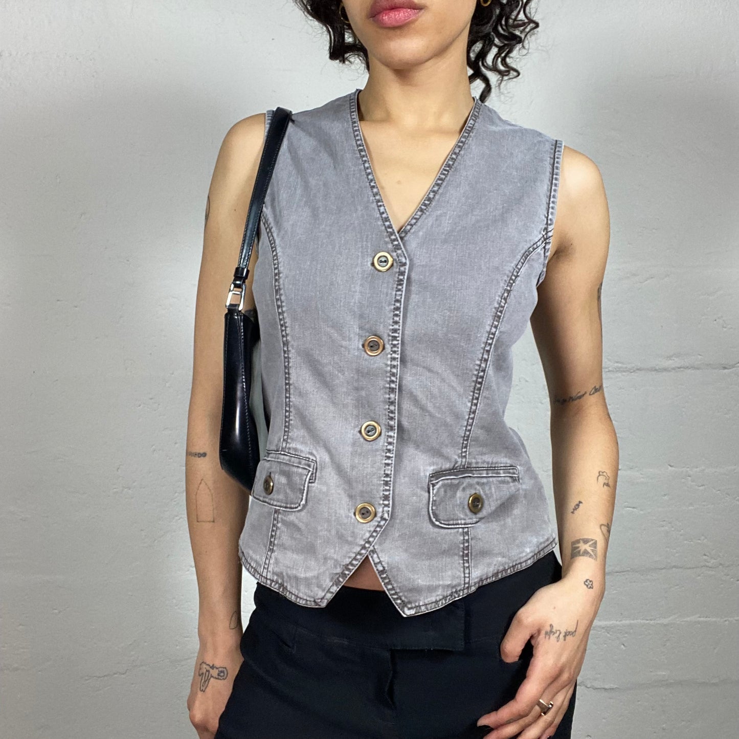 Vintage 2000's Hop-Hop Grey Denim Button Up Vest Top (S)