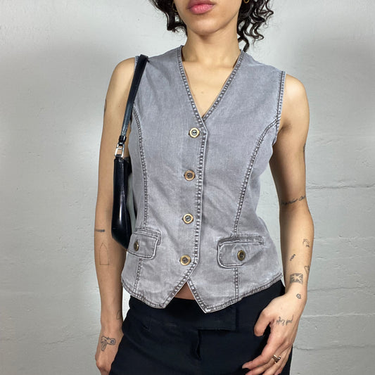 Vintage 2000's Hop-Hop Grey Denim Button Up Vest Top (S)