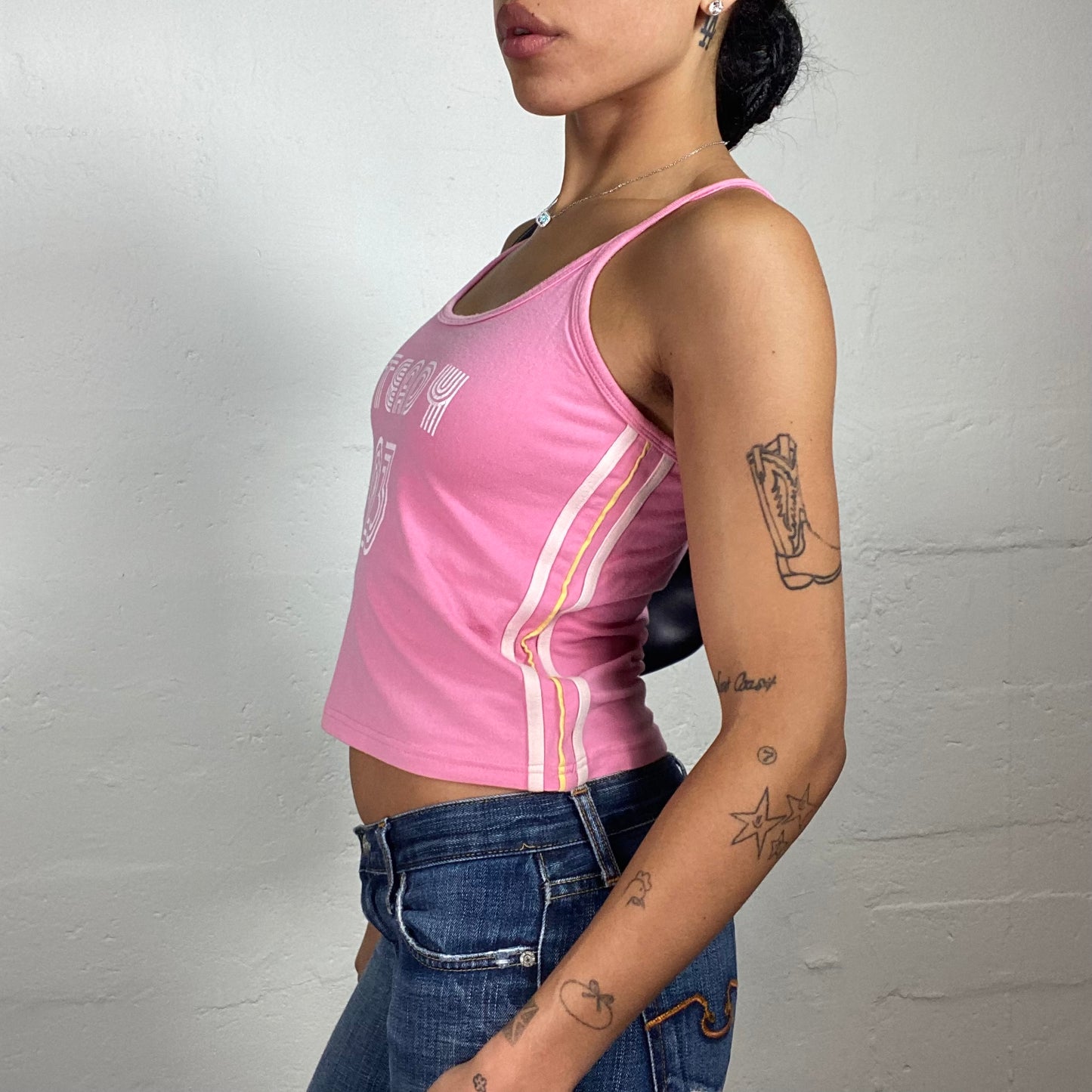 Vintage 2000's Sporty Y2K Girl Bubblegum Pink Cami Top with White Steady 23 Print (M)