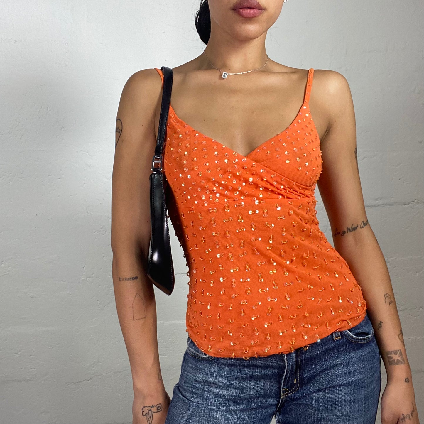 Vintage 2000's Clubwear Orange Cami Top with Sequin Embroidery and Wrapped Bra (S)