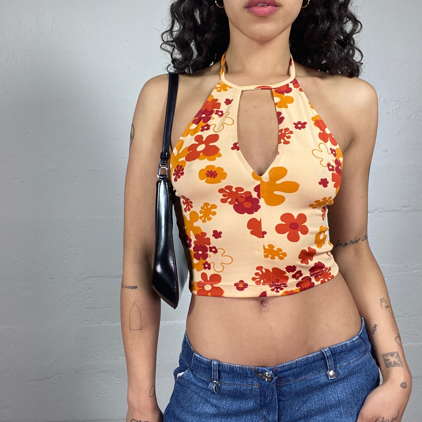 Vintage 2000's Beachwear Summer Cropped Neckholder Top with Red and Orange Floral Print (S)