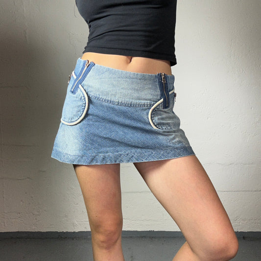 Vintage 2000's Downtown Girl Wash Out Acid Blue Rounded Pockets Mini Denim Skirt (S)