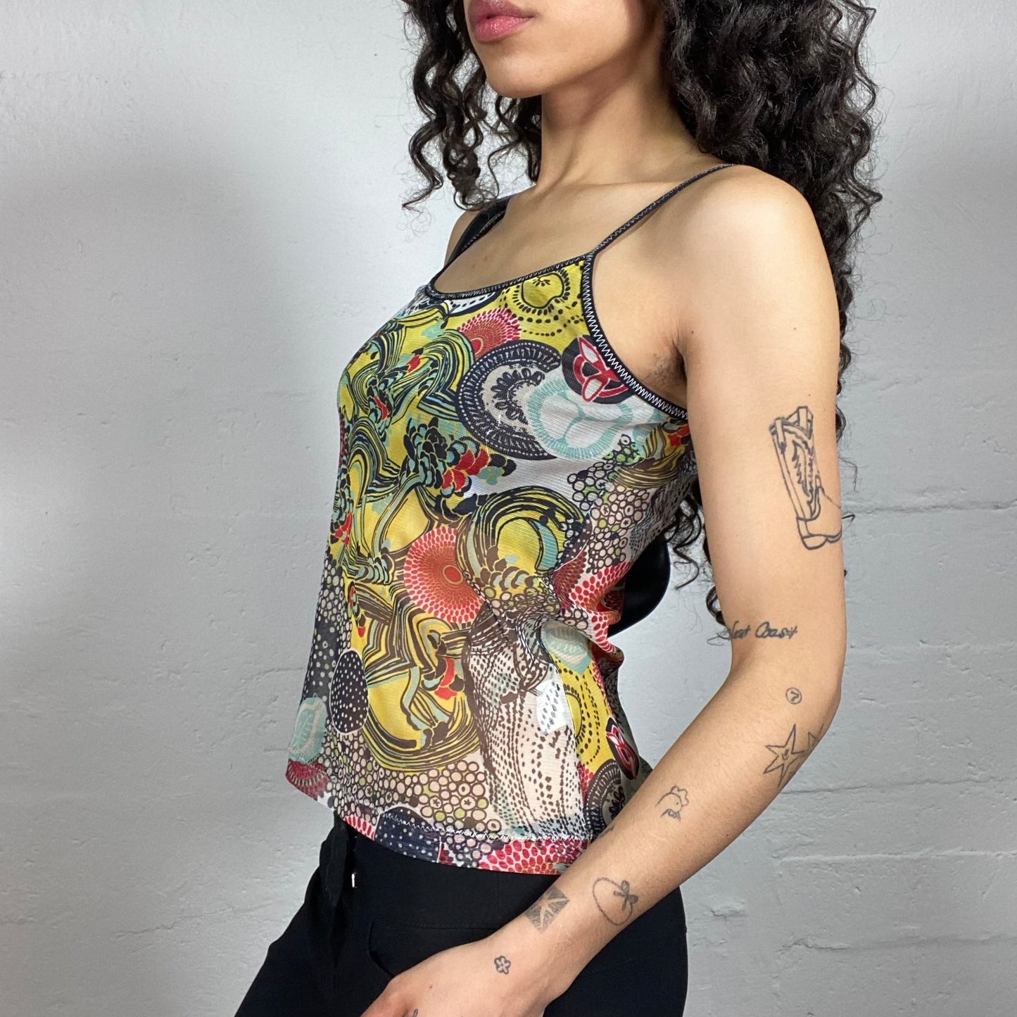 Vintage 2000's Boho Multicoloured Printed Chiffon Cami Top (S)