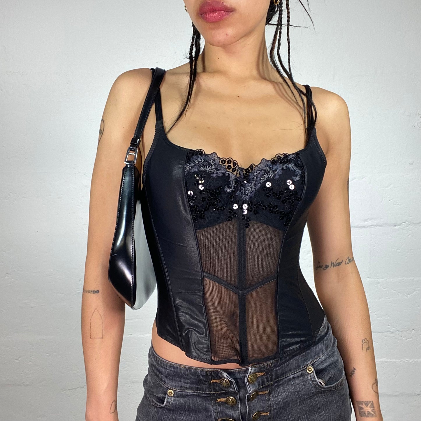 Vintage 2000's Femme Fatale Black Satin and Mesh Corset Top with Sequin and Rhinestones Decorated Bra (S)