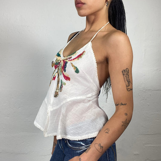 Vintage 2000's Summer Girl White Linen Neckholder Top with Multicoloured Sequin Embroidery (S)