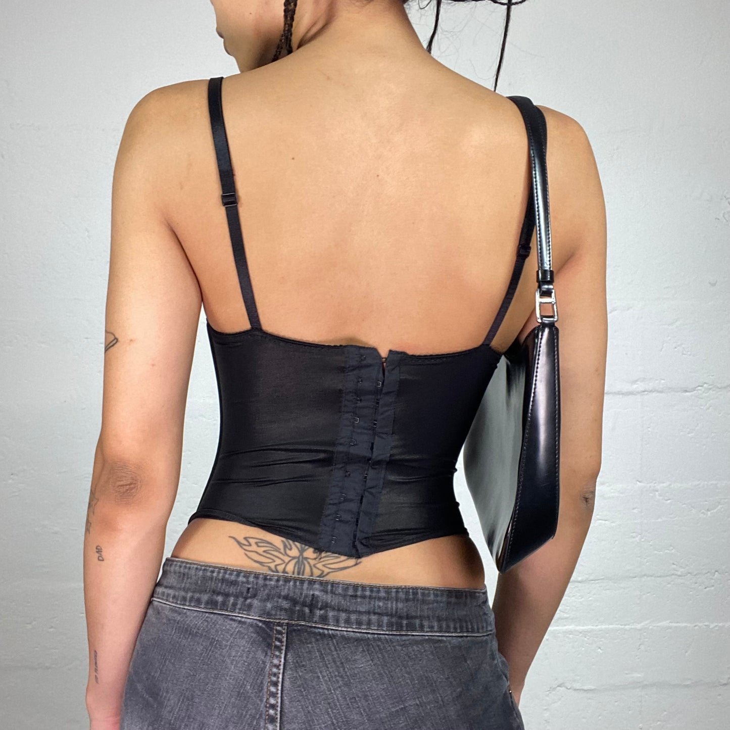Vintage 2000's Femme Fatale Black Satin and Mesh Corset Top with Sequin and Rhinestones Decorated Bra (S)