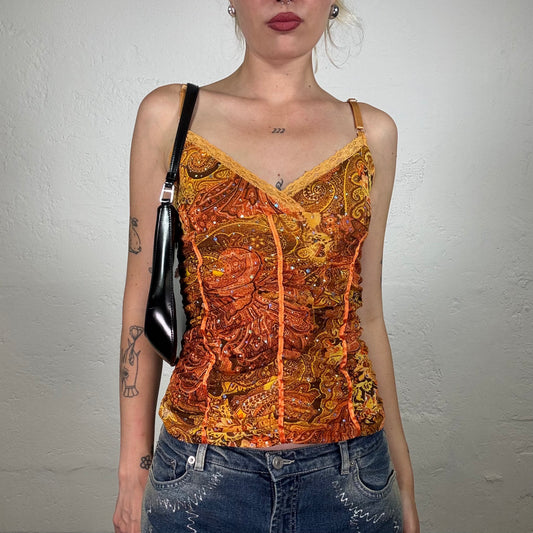 Vintage 2000's Summer Vacay Orange Chiffon Cami Top with Mandala Print and Glitter Polka Dots  (S)