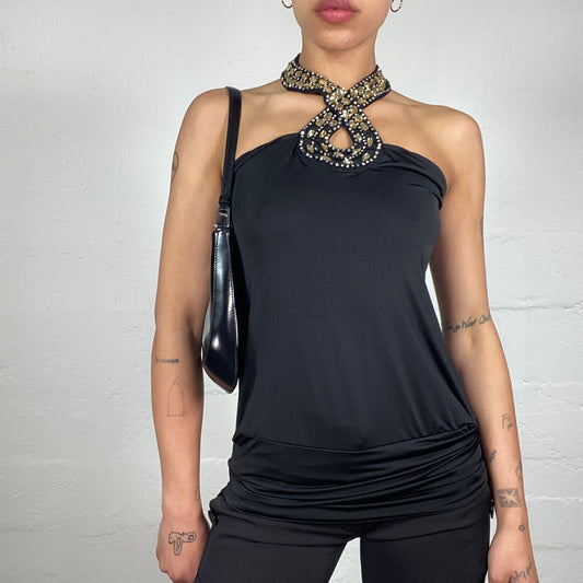 Vintage 2000's Glamorous Dinner Black Draped Neckholder Top with Golden Stones and Sequins Decorated Neck (S)