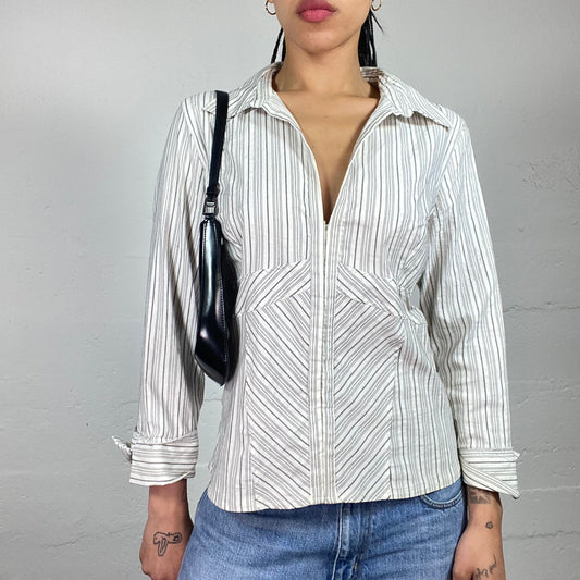 Vintage 2000's Office Girl White Casual Striped Button Up Shirt (L)
